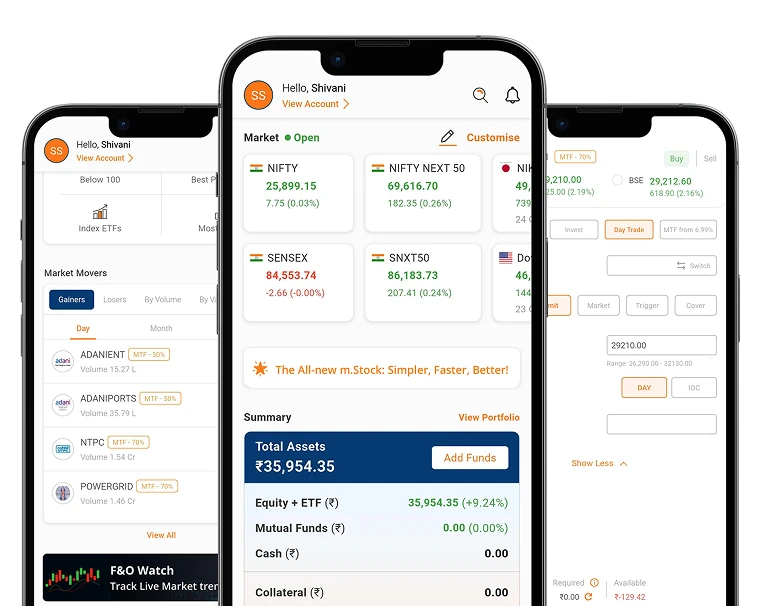 Illustration showing a mobile screen with stock market volume and price alert notifications, highlighting a feature that lets users set real-time alerts for market movements.
