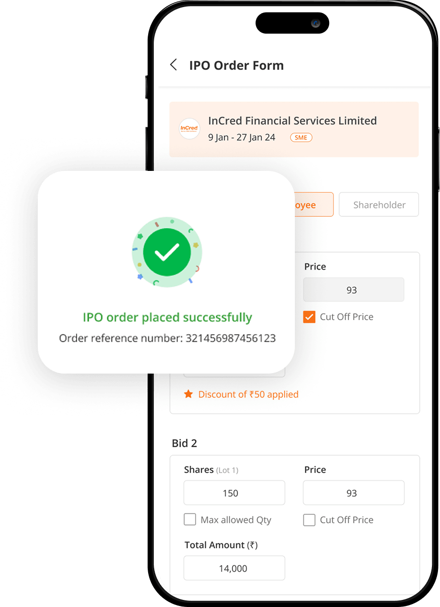 Illustration showing step 3 of applying for an IPO on m.Stock, with a mobile screen displaying IPO application confirmation after payment through UPI.