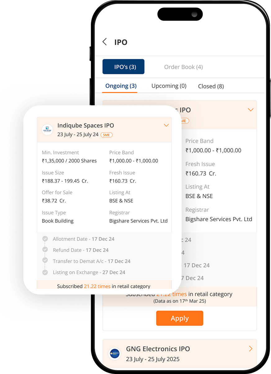 Illustration showing step 2 of applying for an IPO on m.Stock, with a mobile screen displaying IPO listings and selection options.