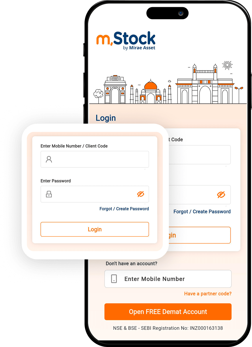 Illustration showing the step to open an m.Stock Demat account, featuring a user login or registration form as part of the onboarding process.