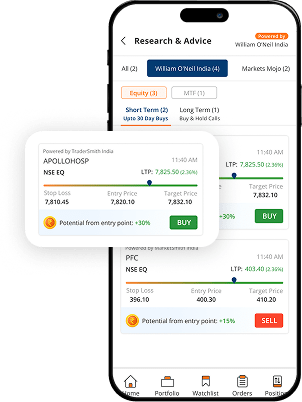 A mobile phone displaying a financial trading app screen with research and smart advisory portfolios.