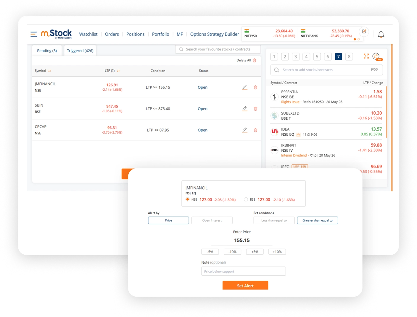 Illustration showing a mobile screen with stock market volume and price alert notifications, highlighting a feature that lets users set real-time alerts for market movements.