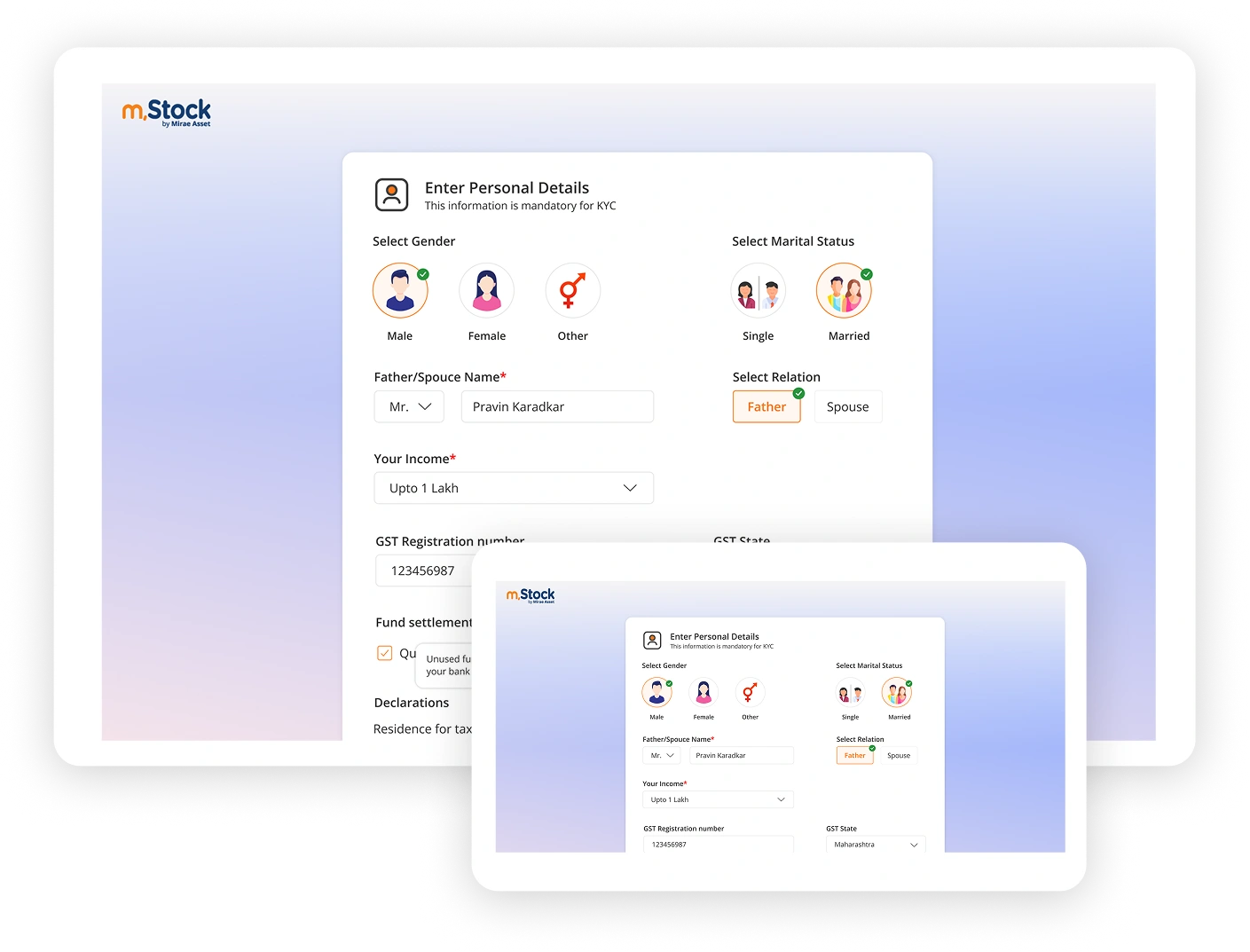 A mobile screen displaying a personal details form in the Stock app, showing options to select gender (Male, Female, Other) and marital status (Single, Married), represented with illustrated icons..